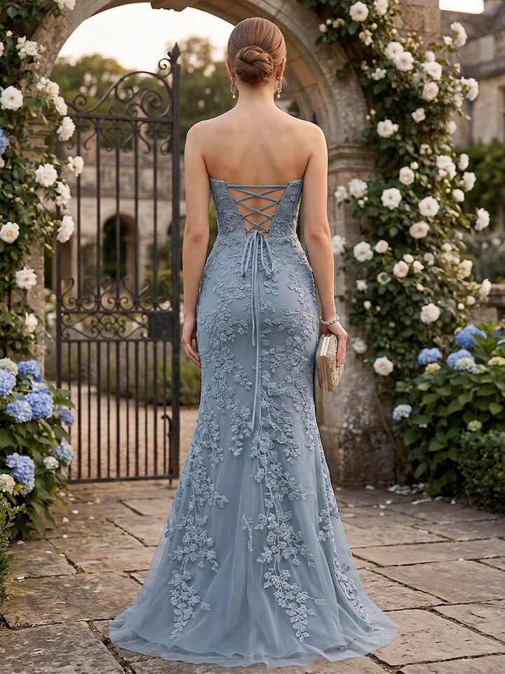 Trumpet/Mermaid Sweetheart Pleated Tulle Long Evening Dresses with Side Slit &amp; Appliques