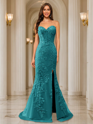 Trumpet/Mermaid Sweetheart Pleated Tulle Long Evening Dresses with Side Slit & Appliques