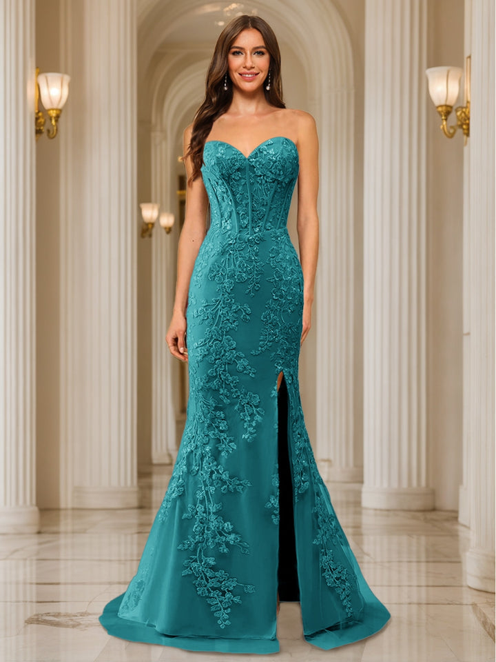 Trumpet/Mermaid Sweetheart Pleated Tulle Long Evening Dresses with Side Slit &amp; Appliques
