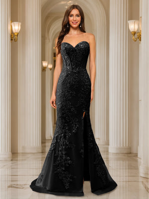 Trumpet/Mermaid Sweetheart Pleated Tulle Long Evening Dresses with Side Slit & Appliques