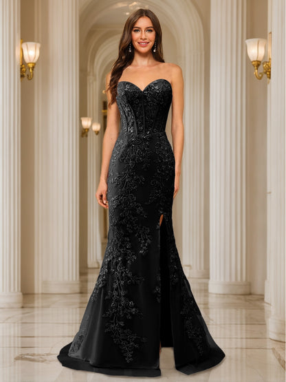 Trumpet/Mermaid Sweetheart Pleated Tulle Long Evening Dresses with Side Slit & Appliques