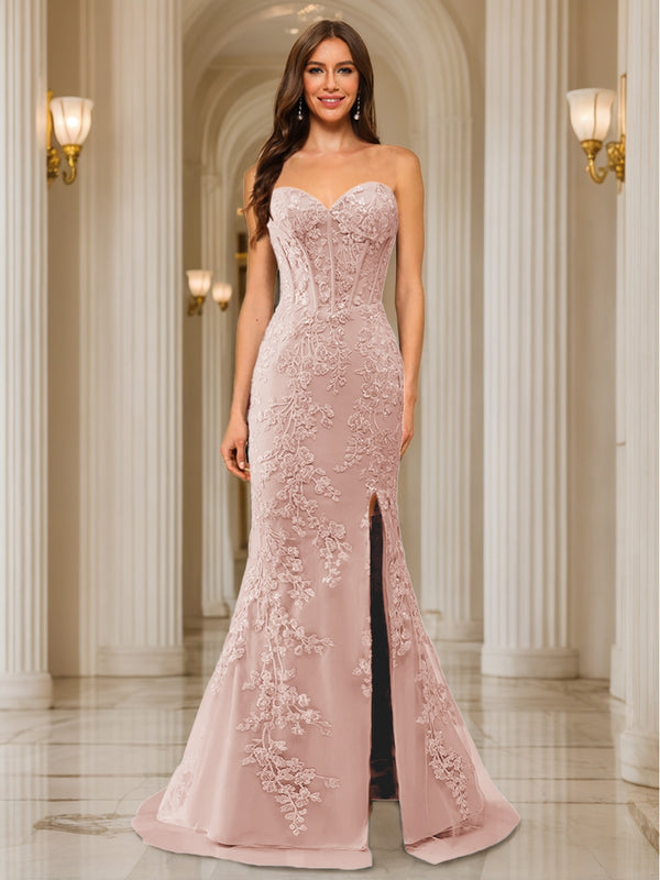 Trumpet/Mermaid Sweetheart Pleated Tulle Long Evening Dresses with Side Slit & Appliques