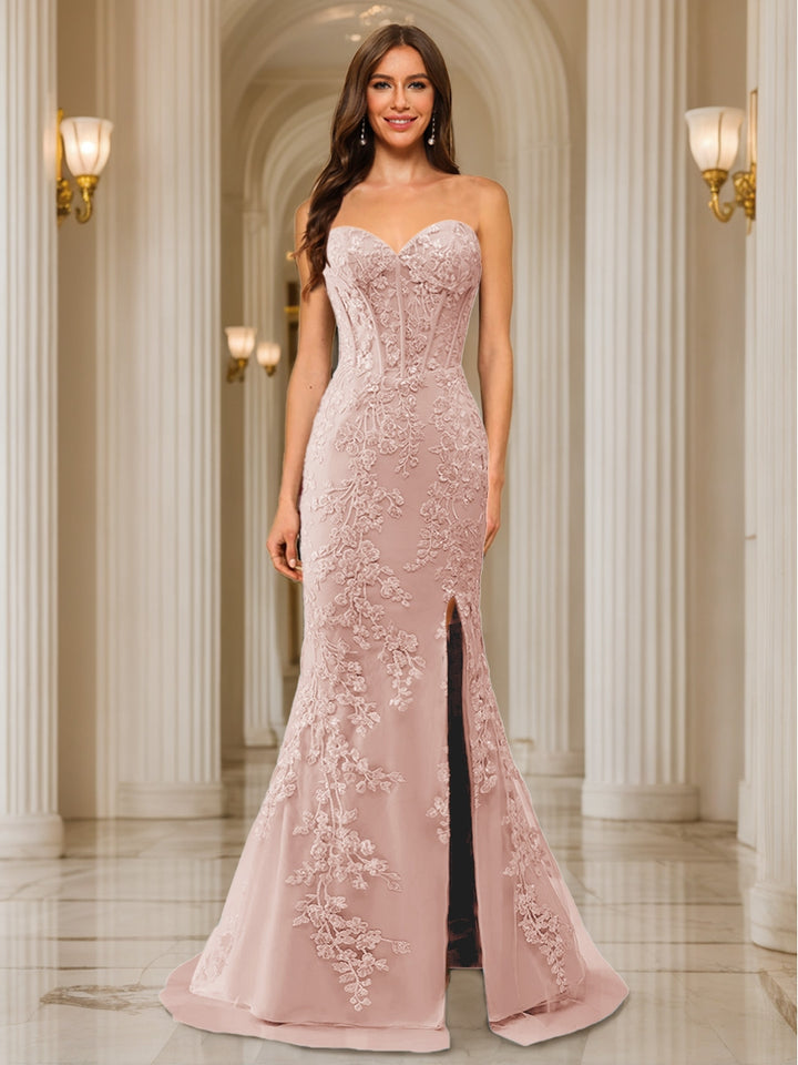 Trumpet/Mermaid Sweetheart Pleated Tulle Long Evening Dresses with Side Slit &amp; Appliques