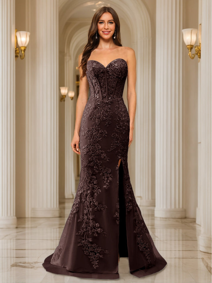 Trumpet/Mermaid Sweetheart Pleated Tulle Long Evening Dresses with Side Slit &amp; Appliques