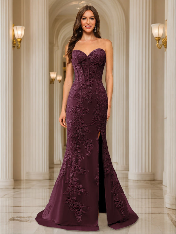 Trumpet/Mermaid Sweetheart Pleated Tulle Long Evening Dresses with Side Slit & Appliques