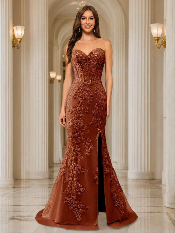 Trumpet/Mermaid Sweetheart Pleated Tulle Long Evening Dresses with Side Slit & Appliques