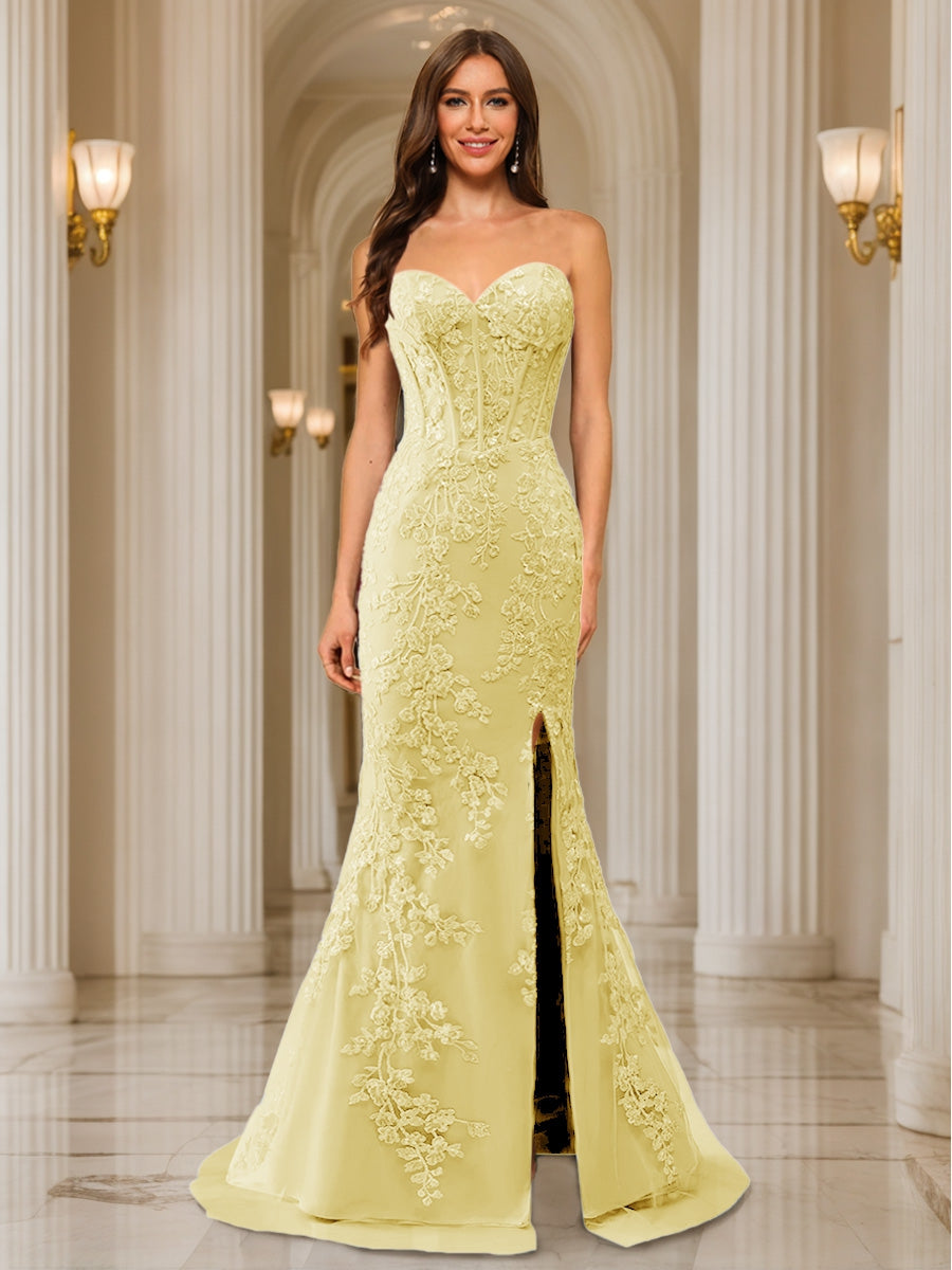 Trumpet/Mermaid Sweetheart Pleated Tulle Long Evening Dresses with Side Slit &amp; Appliques