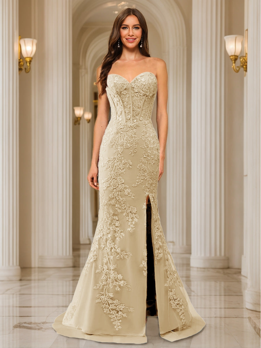 Trumpet/Mermaid Sweetheart Pleated Tulle Long Evening Dresses with Side Slit &amp; Appliques