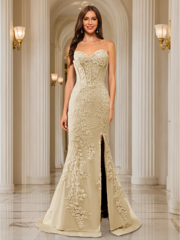 Trumpet/Mermaid Sweetheart Pleated Tulle Long Evening Dresses with Side Slit &amp; Appliques
