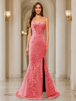 Trumpet/Mermaid Sweetheart Pleated Tulle Long Evening Dresses with Side Slit & Appliques