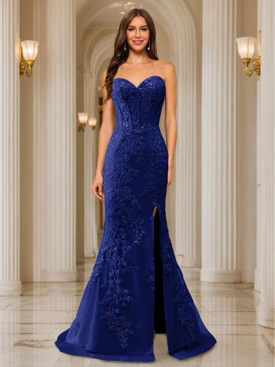 Trumpet/Mermaid Sweetheart Pleated Tulle Long Evening Dresses with Side Slit &amp; Appliques