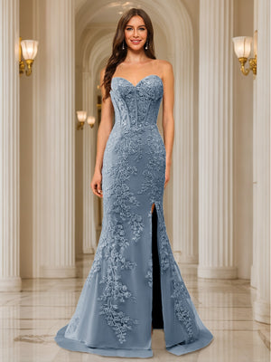Trumpet/Mermaid Sweetheart Pleated Tulle Long Evening Dresses with Side Slit & Appliques