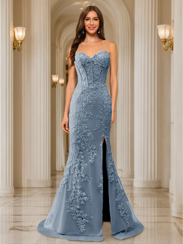 Trumpet/Mermaid Sweetheart Pleated Tulle Long Evening Dresses with Side Slit & Appliques
