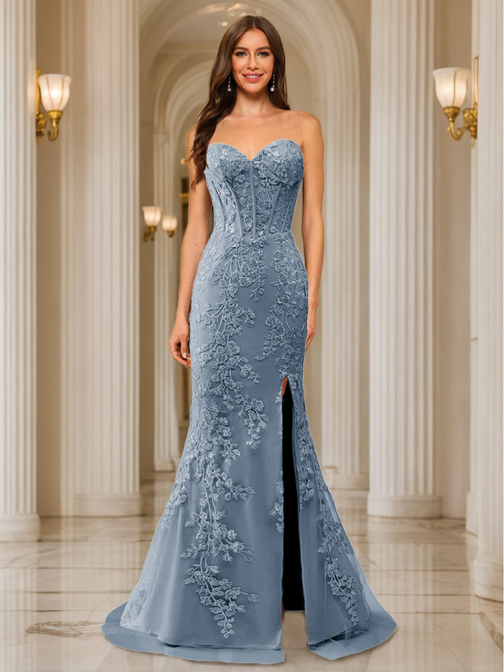 Trumpet/Mermaid Sweetheart Pleated Tulle Long Evening Dresses with Side Slit &amp; Appliques