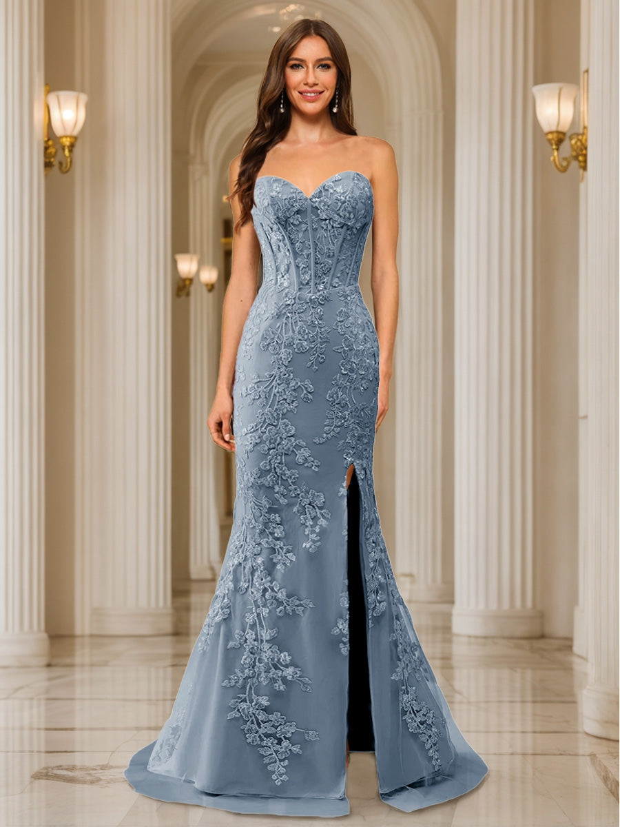 Trumpet/Mermaid Sweetheart Pleated Tulle Long Evening Dresses with Side Slit & Appliques