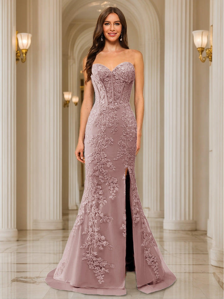 Trumpet/Mermaid Sweetheart Pleated Tulle Long Evening Dresses with Side Slit &amp; Appliques