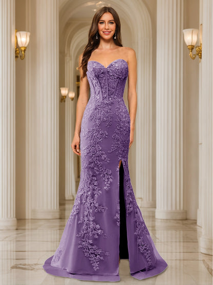 Trumpet/Mermaid Sweetheart Pleated Tulle Long Evening Dresses with Side Slit & Appliques
