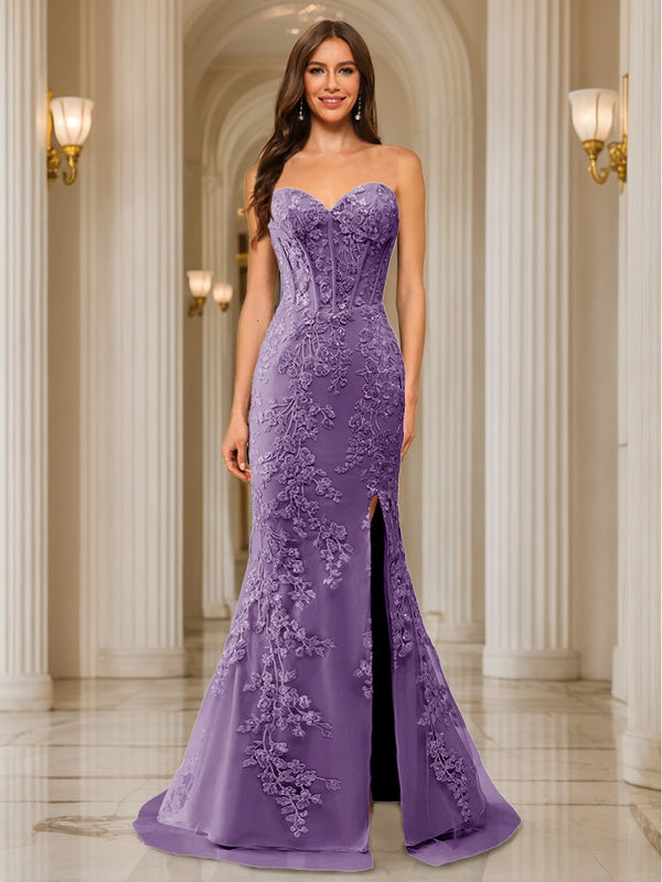 Trumpet/Mermaid Sweetheart Pleated Tulle Long Evening Dresses with Side Slit & Appliques