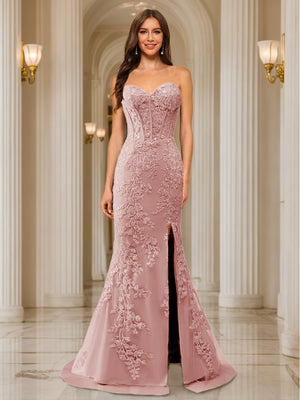Trumpet/Mermaid Sweetheart Pleated Tulle Long Evening Dresses with Side Slit & Appliques