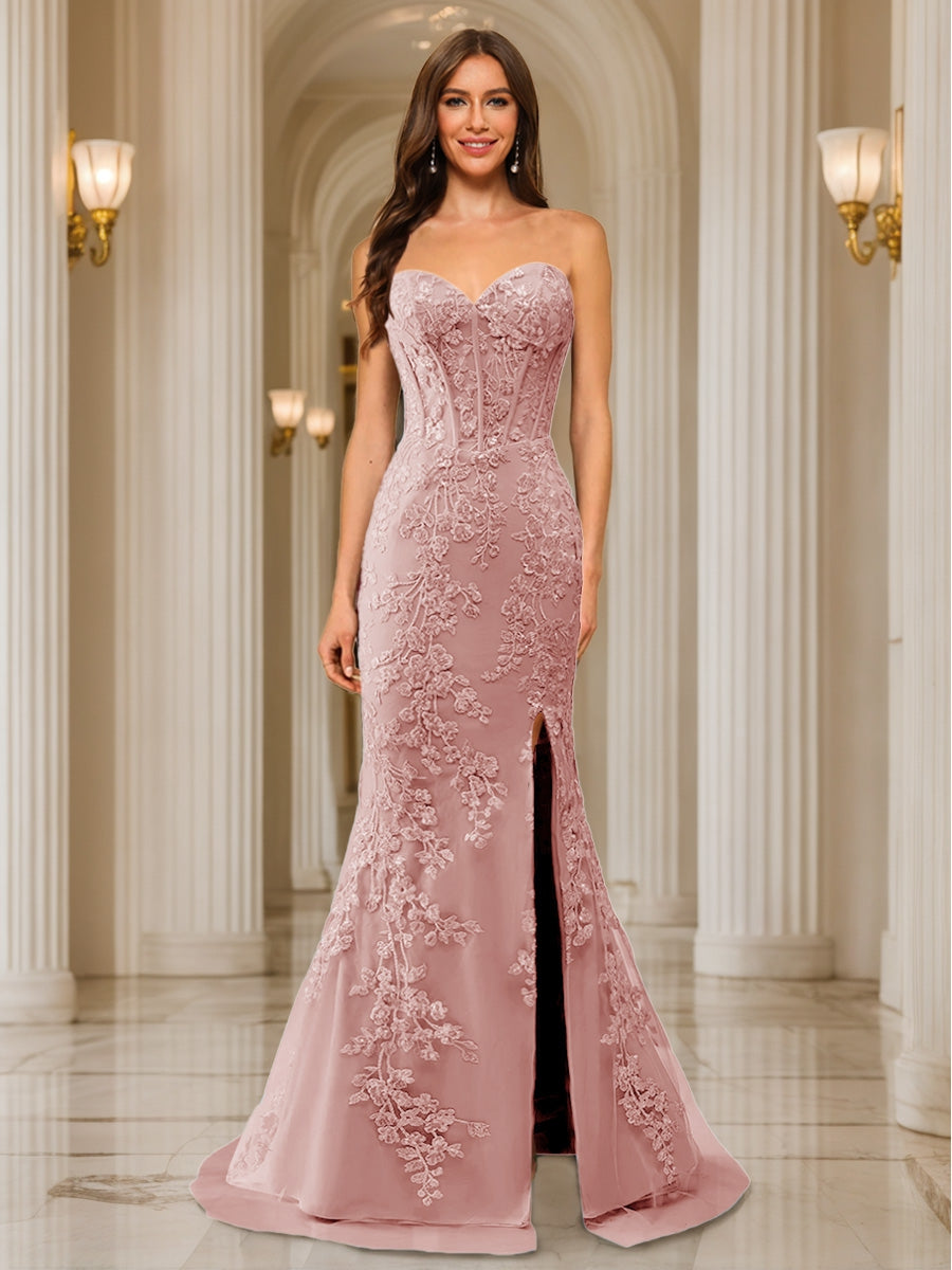 Trumpet/Mermaid Sweetheart Pleated Tulle Long Evening Dresses with Side Slit & Appliques