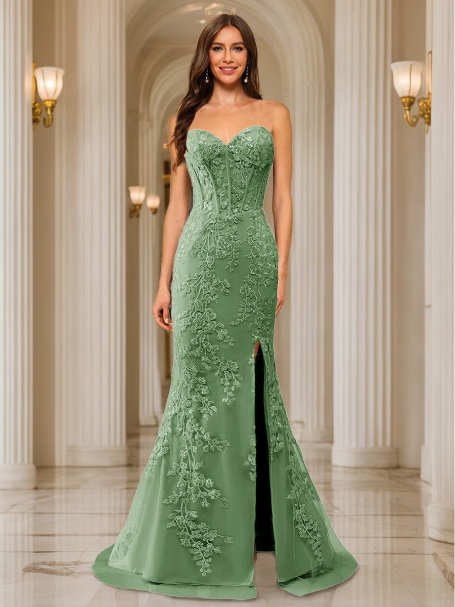 Trumpet/Mermaid Sweetheart Pleated Tulle Long Evening Dresses with Side Slit &amp; Appliques