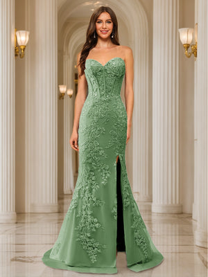 Trumpet/Mermaid Sweetheart Pleated Tulle Long Evening Dresses with Side Slit & Appliques