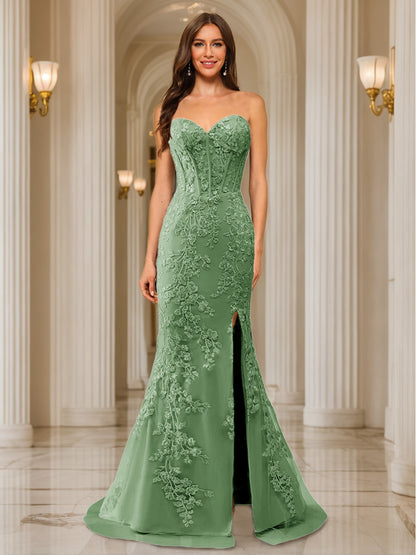 Trumpet/Mermaid Sweetheart Pleated Tulle Long Evening Dresses with Side Slit & Appliques