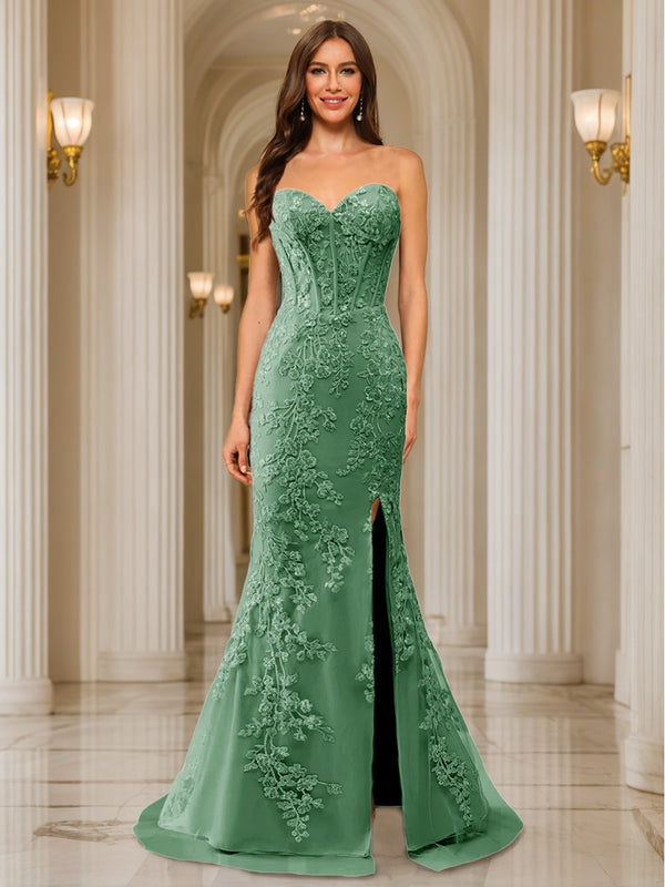 Trumpet/Mermaid Sweetheart Pleated Tulle Long Evening Dresses with Side Slit & Appliques