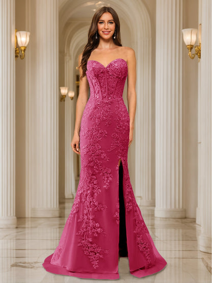 Trumpet/Mermaid Sweetheart Pleated Tulle Long Evening Dresses with Side Slit & Appliques