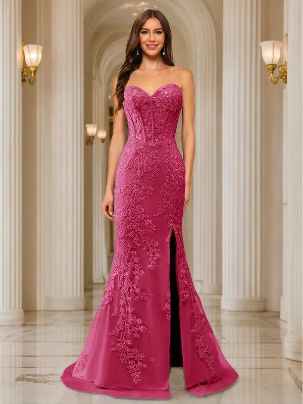 Trumpet/Mermaid Sweetheart Pleated Tulle Long Evening Dresses with Side Slit & Appliques