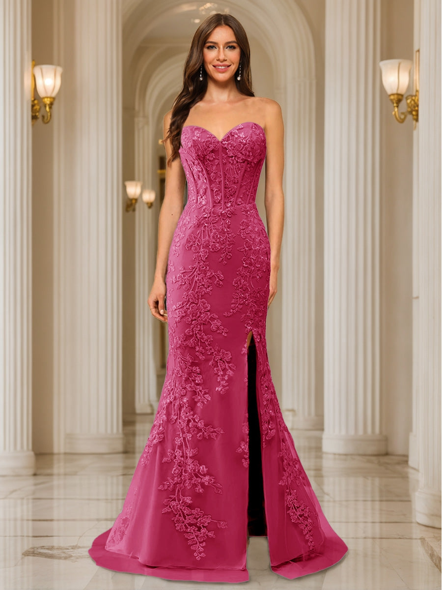Trumpet/Mermaid Sweetheart Pleated Tulle Long Evening Dresses with Side Slit & Appliques