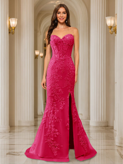 Trumpet/Mermaid Sweetheart Pleated Tulle Long Evening Dresses with Side Slit & Appliques