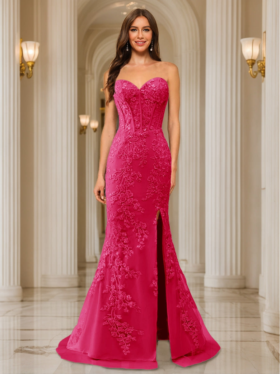 Trumpet/Mermaid Sweetheart Pleated Tulle Long Evening Dresses with Side Slit & Appliques