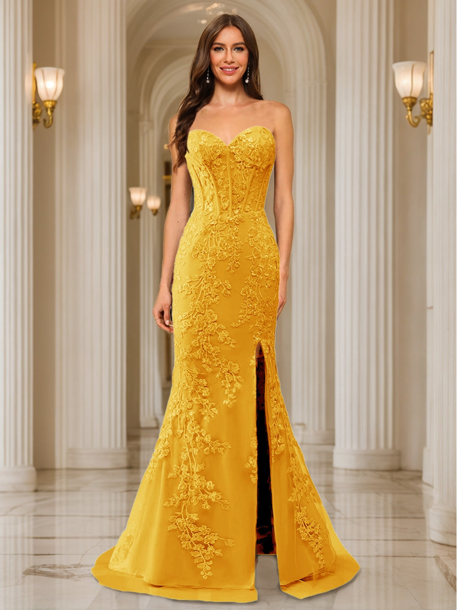 Trumpet/Mermaid Sweetheart Pleated Tulle Long Evening Dresses with Side Slit &amp; Appliques