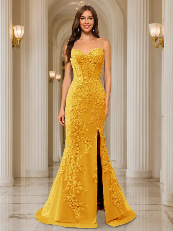 Trumpet/Mermaid Sweetheart Pleated Tulle Long Evening Dresses with Side Slit & Appliques