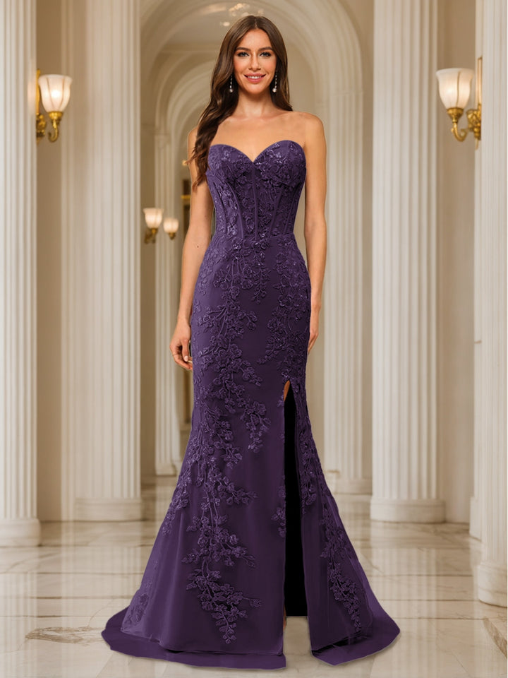 Trumpet/Mermaid Sweetheart Pleated Tulle Long Evening Dresses with Side Slit &amp; Appliques
