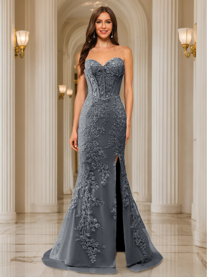 Trumpet/Mermaid Sweetheart Pleated Tulle Long Evening Dresses with Side Slit &amp; Appliques