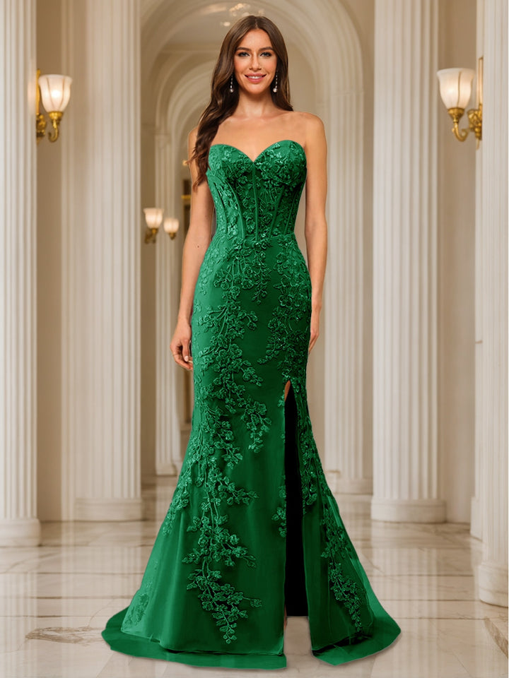 Trumpet/Mermaid Sweetheart Pleated Tulle Long Evening Dresses with Side Slit &amp; Appliques