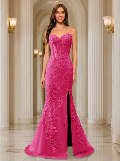 Trumpet/Mermaid Sweetheart Pleated Tulle Long Evening Dresses with Side Slit & Appliques