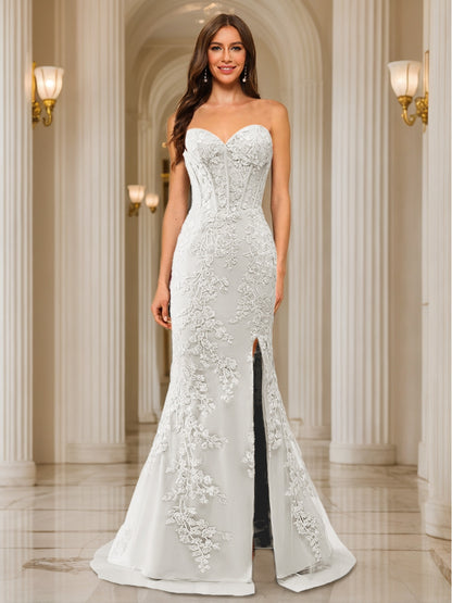 Trumpet/Mermaid Sweetheart Pleated Tulle Long Evening Dresses with Side Slit & Appliques