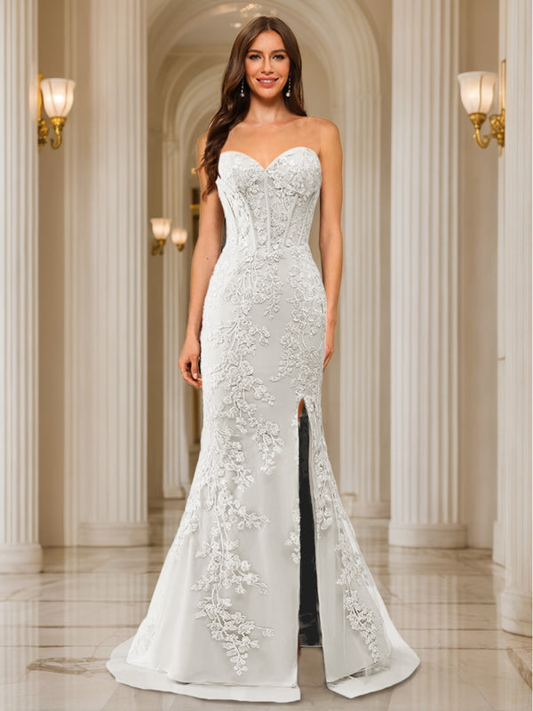 Trumpet/Mermaid Sweetheart Pleated Tulle Long Evening Dresses with Side Slit & Appliques