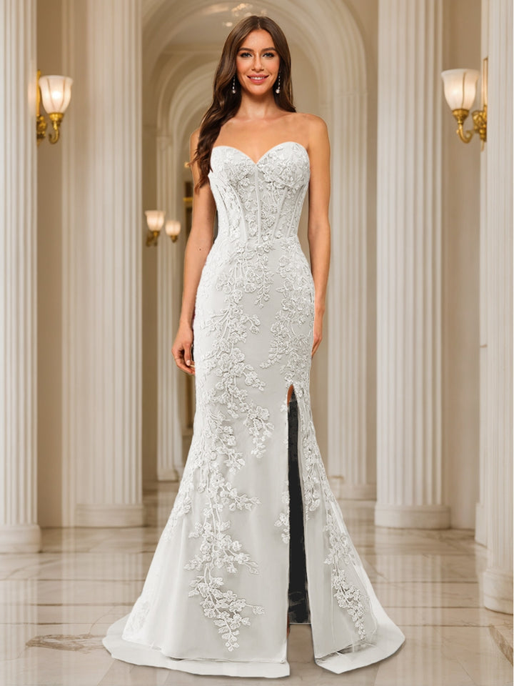 Trumpet/Mermaid Sweetheart Pleated Tulle Long Evening Dresses with Side Slit &amp; Appliques
