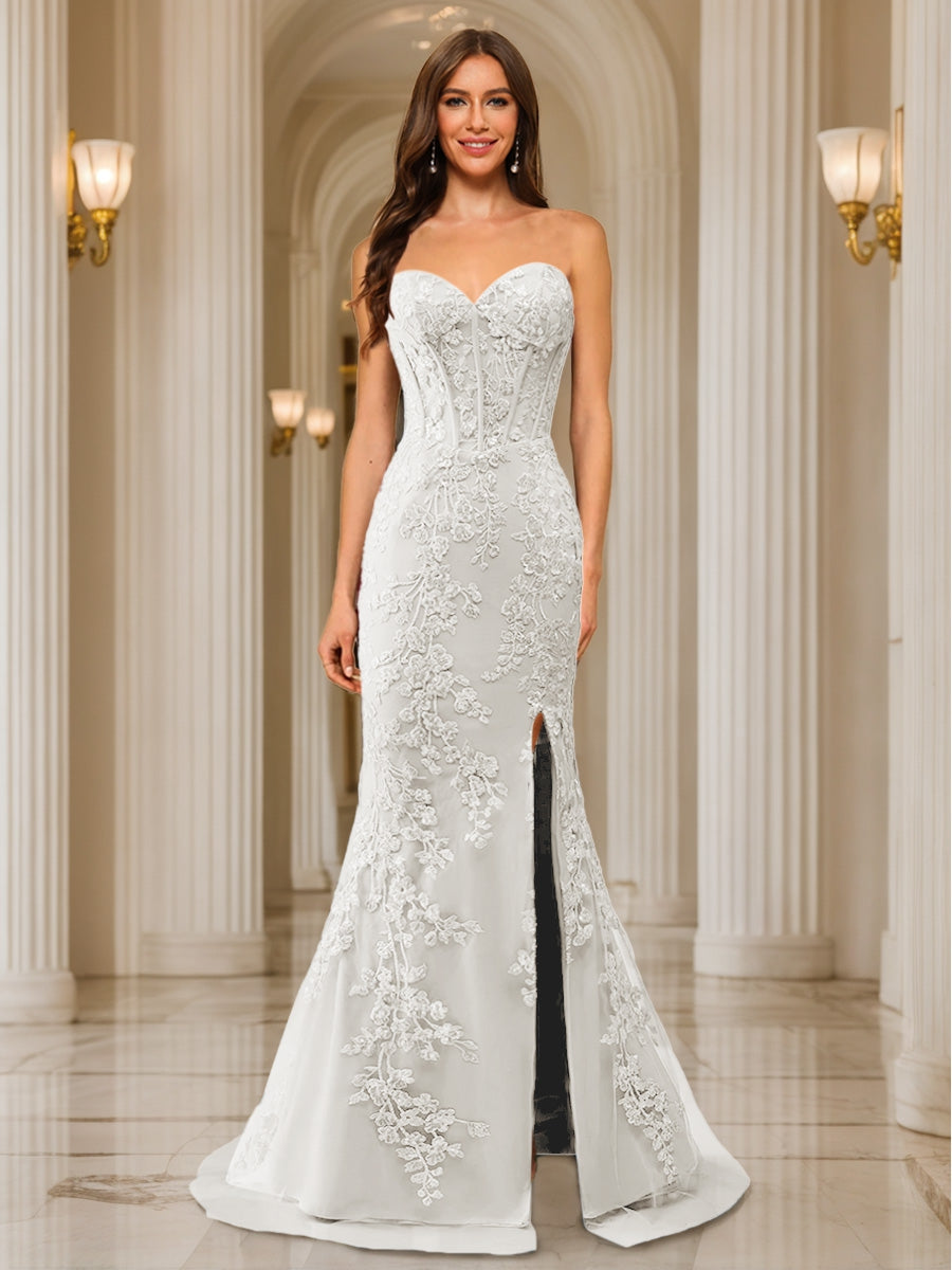 Trumpet/Mermaid Sweetheart Pleated Tulle Long Evening Dresses with Side Slit & Appliques