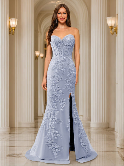 Trumpet/Mermaid Sweetheart Pleated Tulle Long Evening Dresses with Side Slit & Appliques