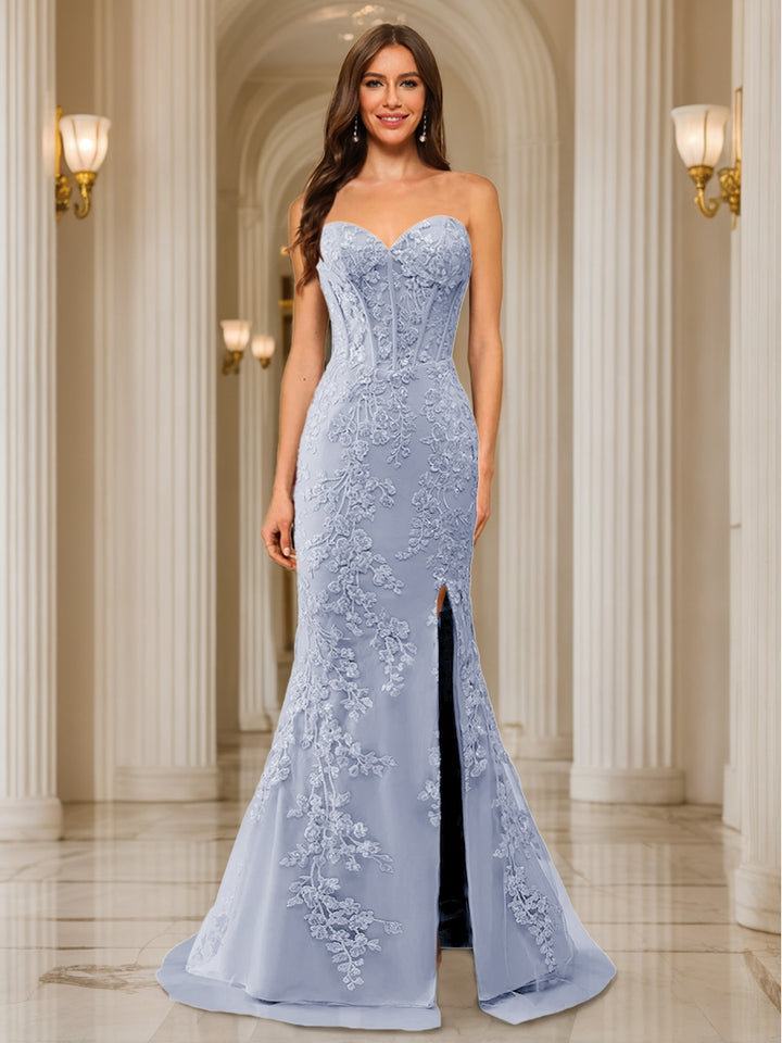 Trumpet/Mermaid Sweetheart Pleated Tulle Long Evening Dresses with Side Slit &amp; Appliques