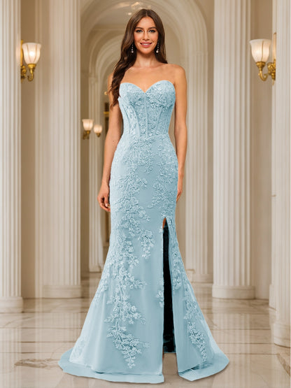 Trumpet/Mermaid Sweetheart Pleated Tulle Long Evening Dresses with Side Slit & Appliques