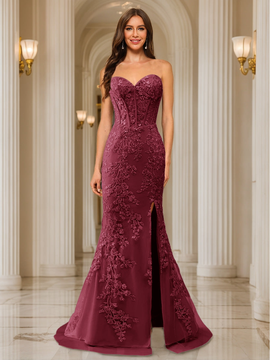 Trumpet/Mermaid Sweetheart Pleated Tulle Long Evening Dresses with Side Slit &amp; Appliques