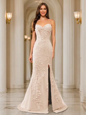 Trumpet/Mermaid Sweetheart Pleated Tulle Long Evening Dresses with Side Slit & Appliques