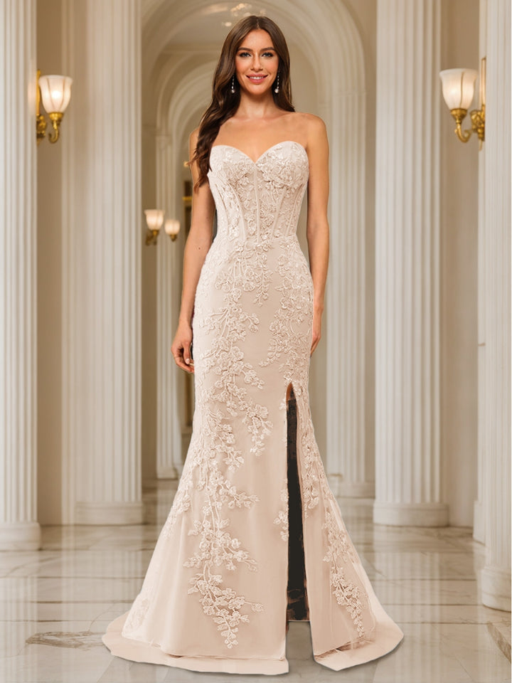 Trumpet/Mermaid Sweetheart Pleated Tulle Long Evening Dresses with Side Slit &amp; Appliques