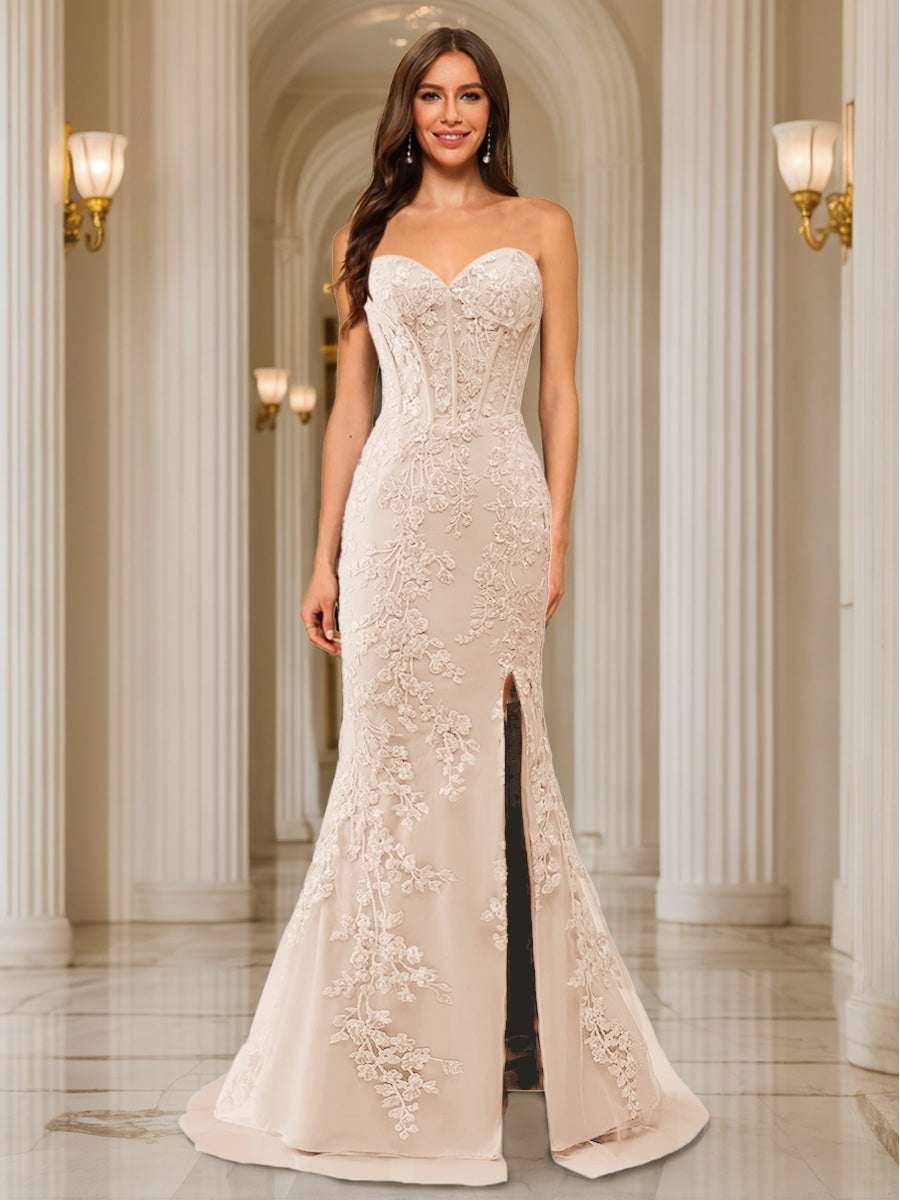 Trumpet/Mermaid Sweetheart Pleated Tulle Long Evening Dresses with Side Slit & Appliques